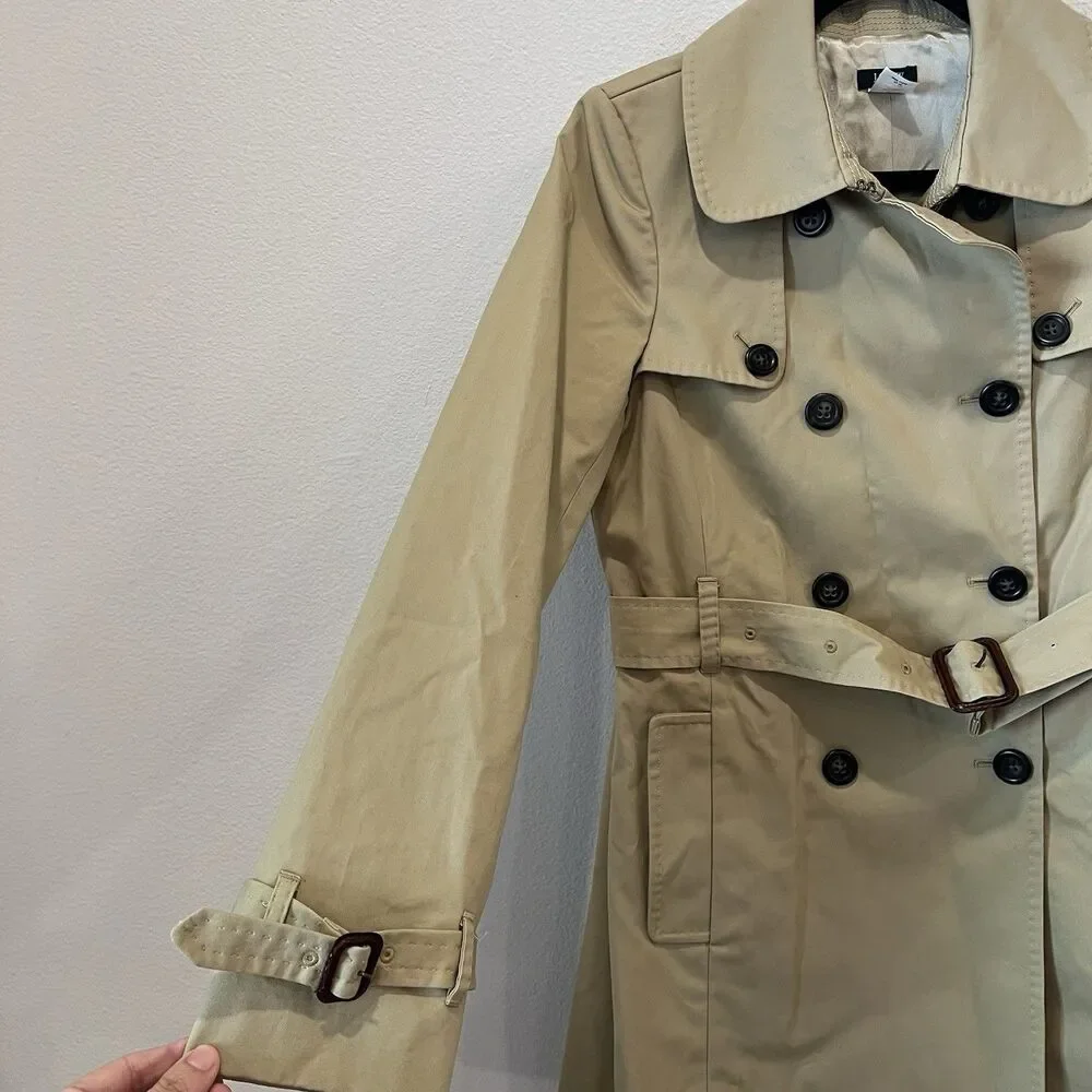J Crew Trench Coat Womens 6 Tan Double Breasted Belted Lined Classic Style